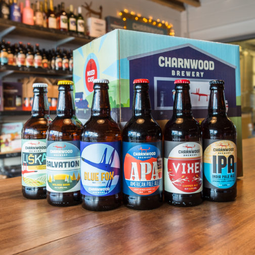 Pale to copper case of Charnwood Brewery ales
